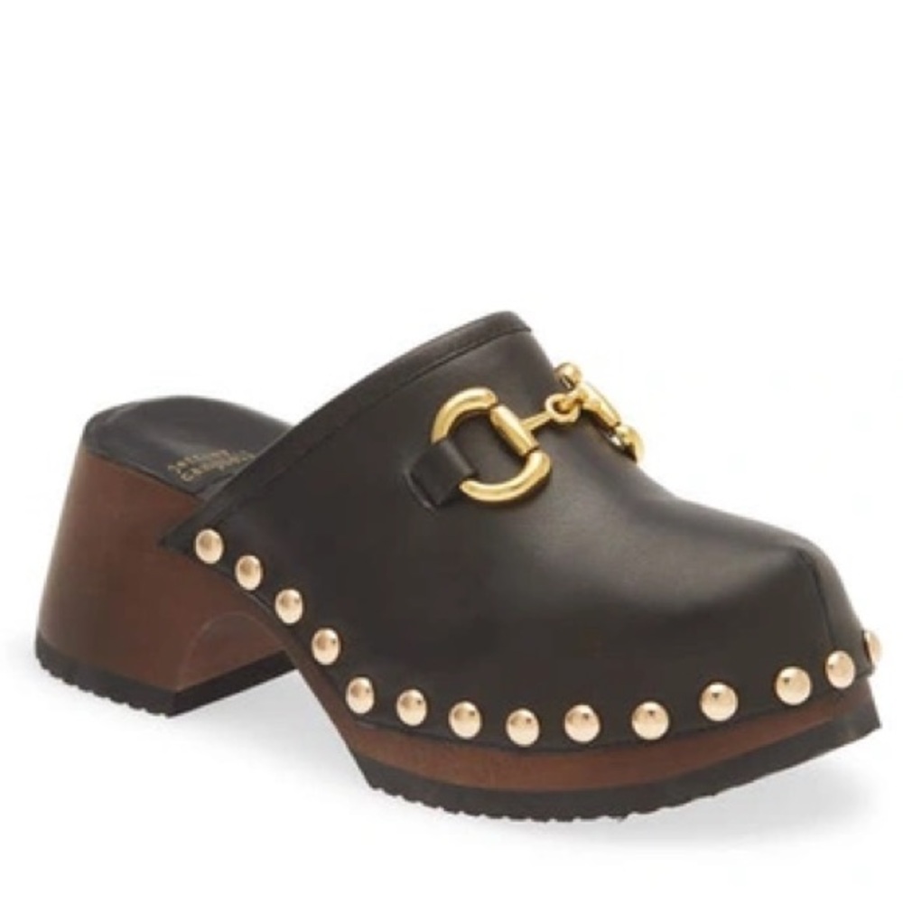 Jeffrey Campbell Black and Brown Mules with Gold Accents